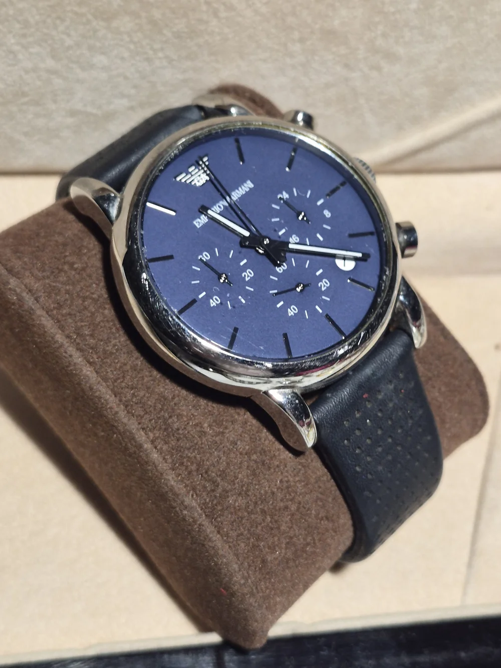 Emporio Armani Men’s Blue Dial Chronograph Watch with Black Leather Strap